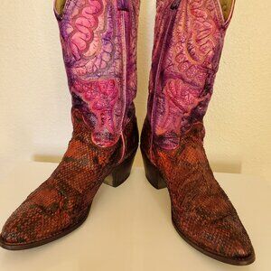 Cowgirl snakeskin boots 8 painted pink orange black western festival coachella